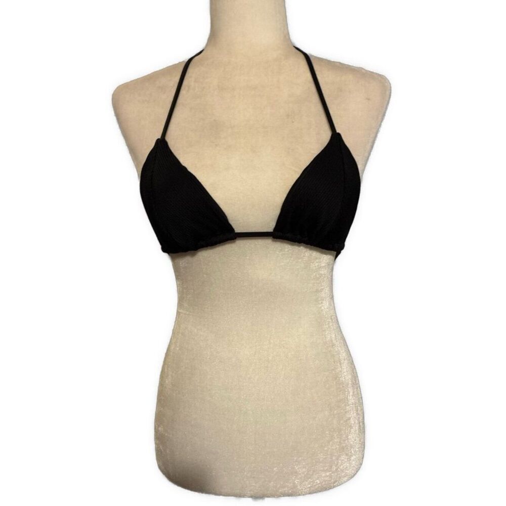 luli fama ribbed solid black triangle bikini top Small